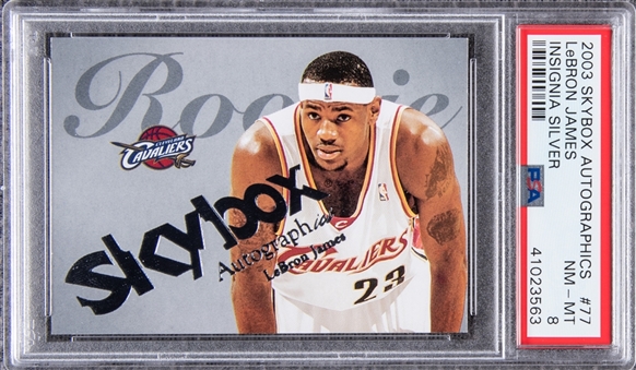 2003 Skybox Autographics "Insignia Silver" #77 LeBron James Rookie Card (#148/150) - PSA NM-MT 8